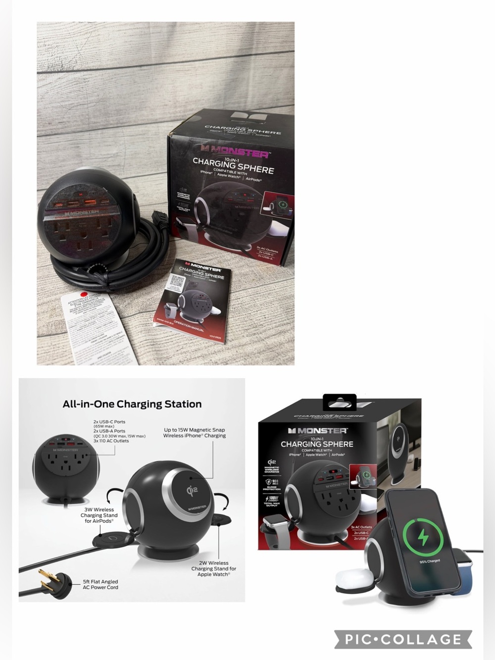 Monster 10 in 1 Charging Station, 3 AC Outlets, 2 USB-A Ports, 2 USB-C PD Ports